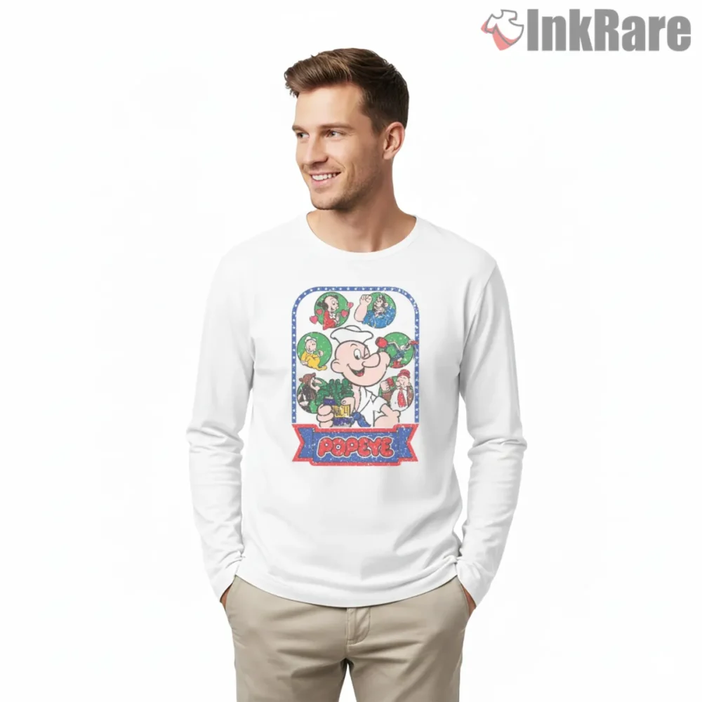 Popeye Classic Arcade Game Poster Shirt on white long sleeve shirt for men graphic tee