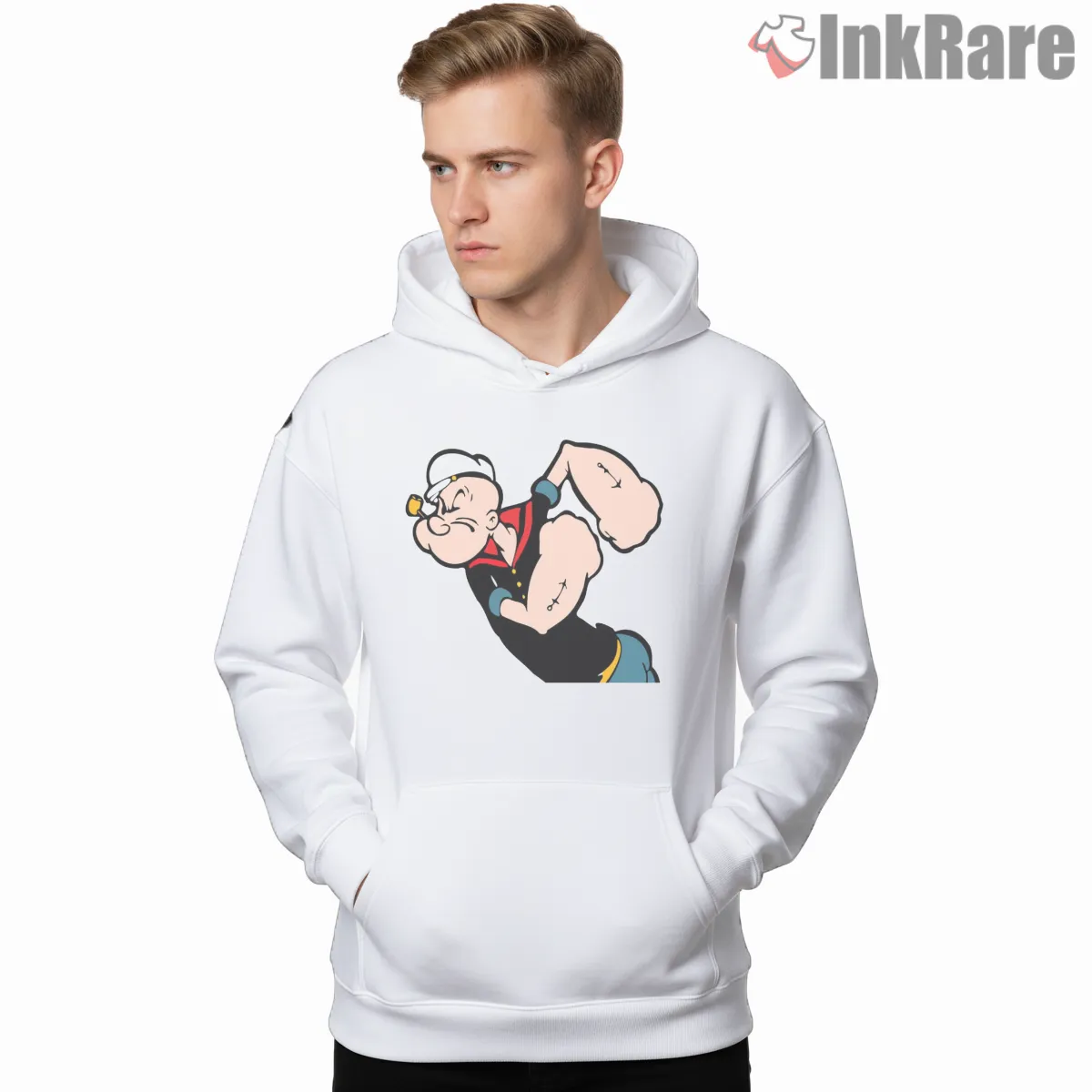 Popeye Classic Flex Pose Cartoon Shirt on white hoodie for men graphic tee
