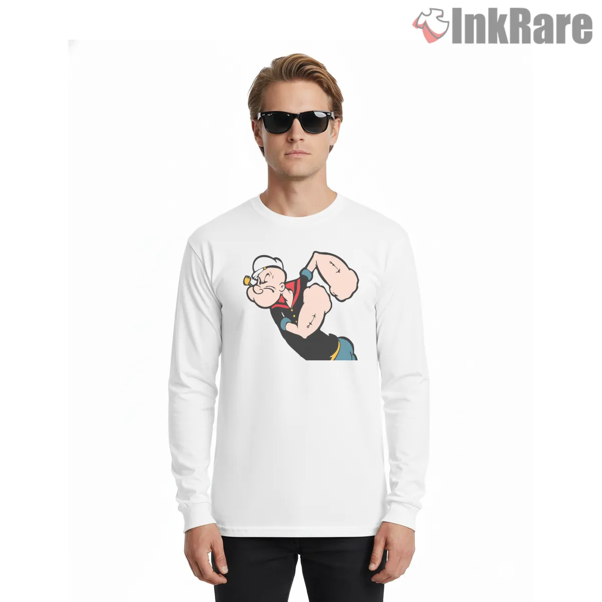 Popeye Classic Flex Pose Cartoon Long Sleeve White Popeye Classic Flex Pose Cartoon Shirt on white long sleeve shirt for men graphic tee