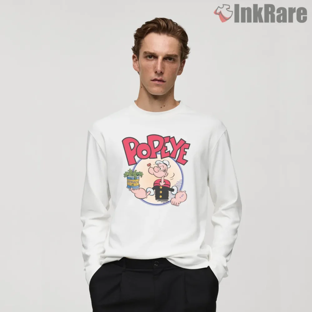 Popeye Classic Logo And Spinach Sailor Shirt on white long sleeve shirt for men graphic tee