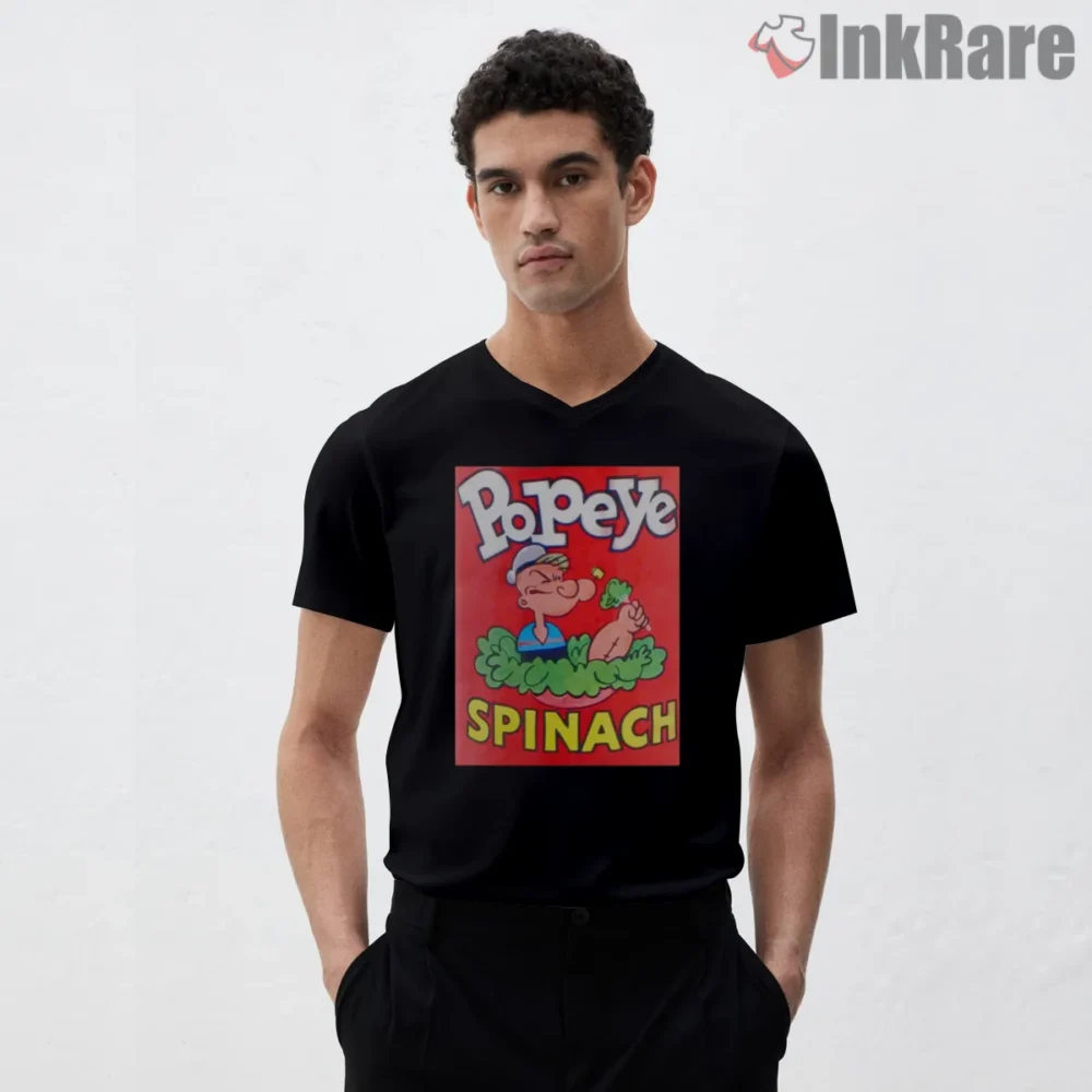 Popeye Classic Spinach Comic Panel Shirt on black v-neck shirt for men graphic tee