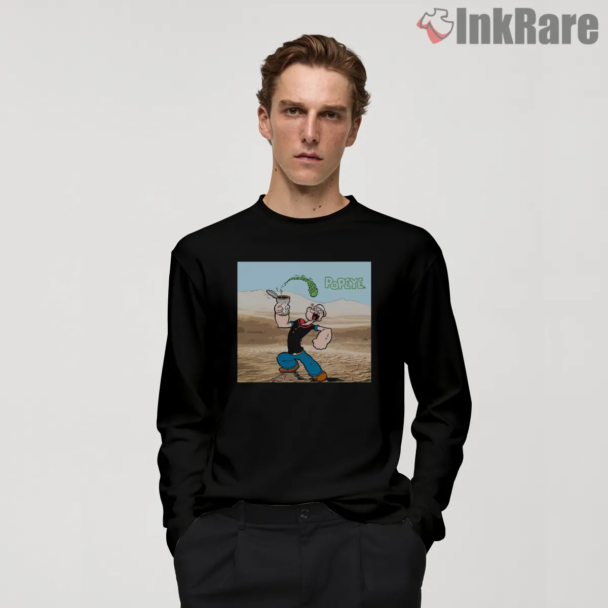 Popeye Desert Spinach Survival Shirt on black long sleeve shirt for men graphic tee