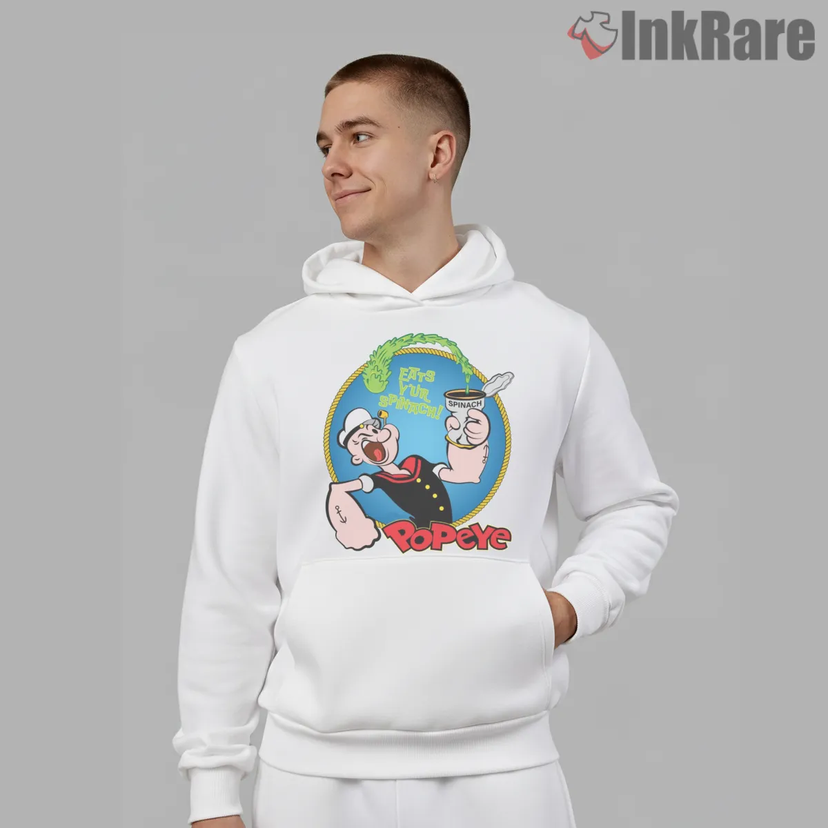 Popeye Eat Your Spinach Round Badge Shirt on white hoodie for men graphic tee