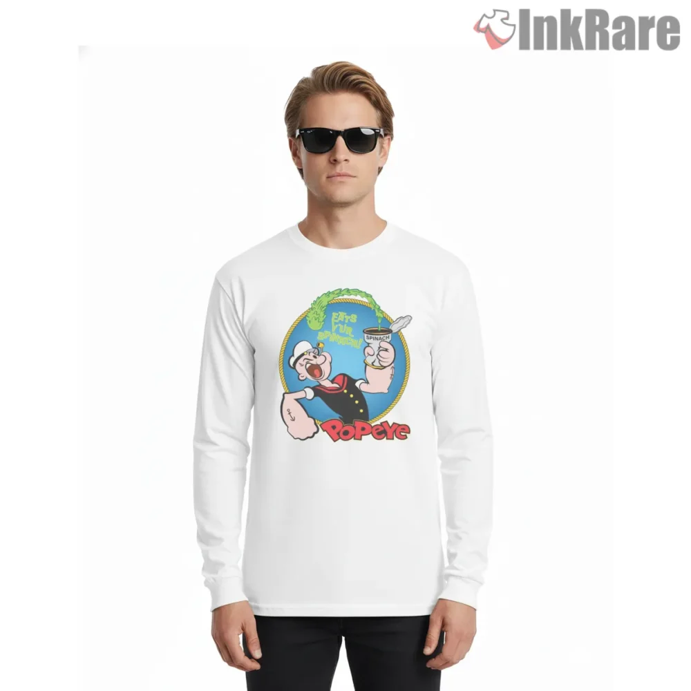 Popeye Eat Your Spinach Round Badge Shirt on white long sleeve shirt for men graphic tee