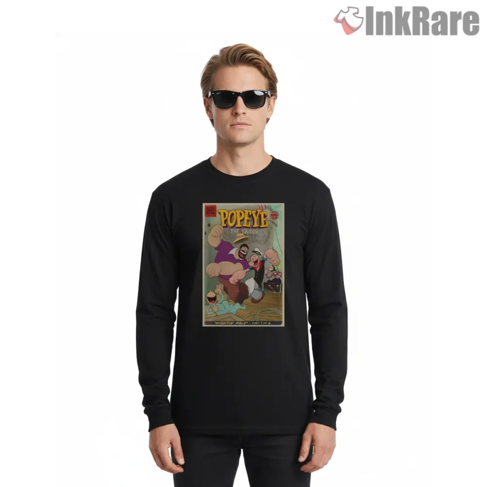 Popeye Fightin Pals Comic Cover Shirt on black long sleeve shirt for men graphic tee