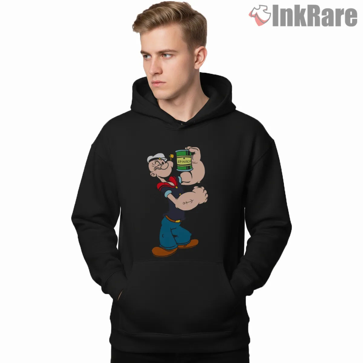 Popeye Flexed Bicep Spinach Power Shirt on black hoodie for men graphic tee
