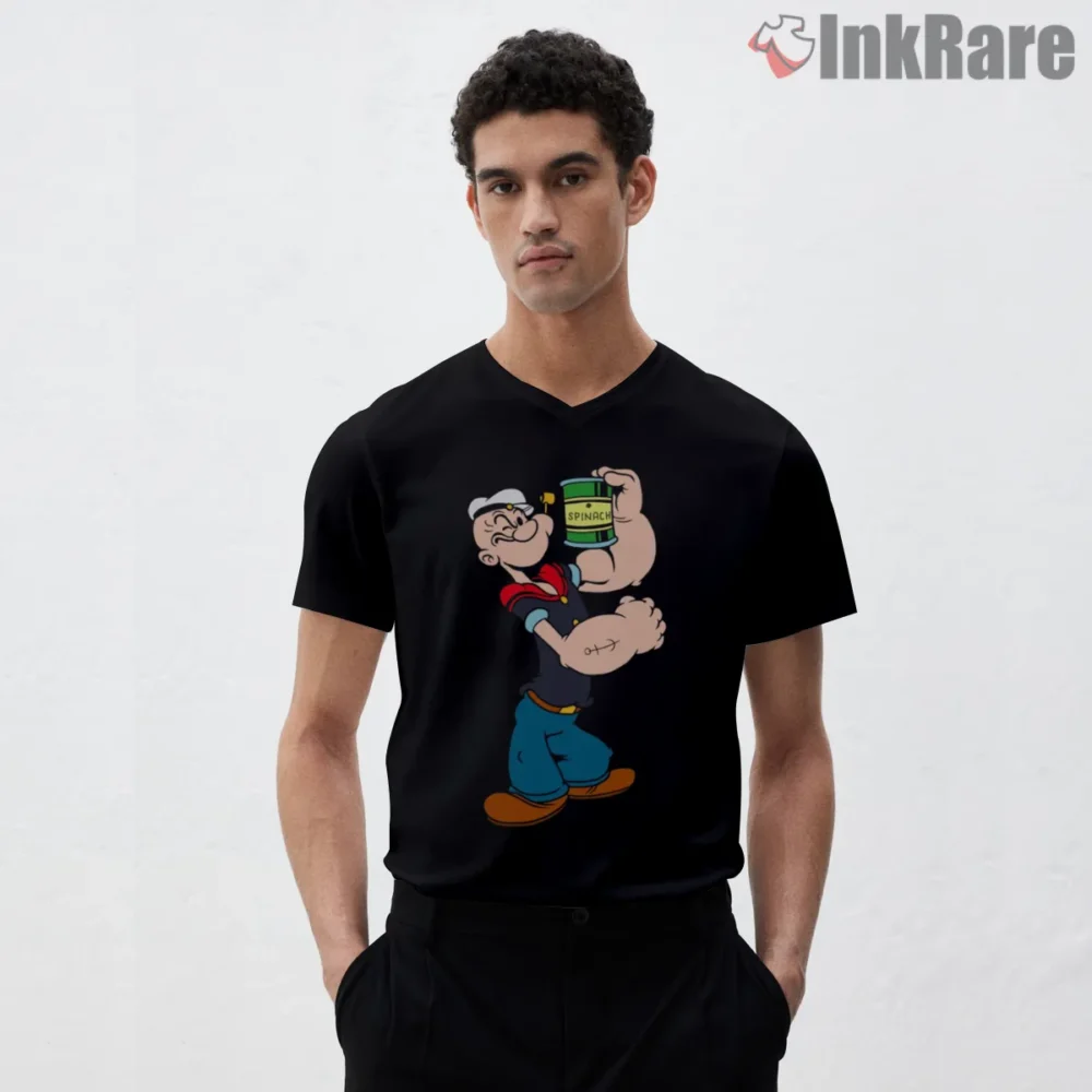 Popeye Flexed Bicep Spinach Power Shirt on black v-neck shirt for men graphic tee