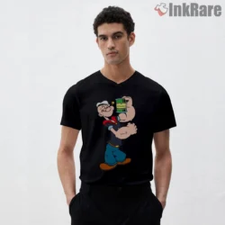 Popeye Flexed Bicep Spinach Power Shirt on black v-neck shirt for men graphic tee