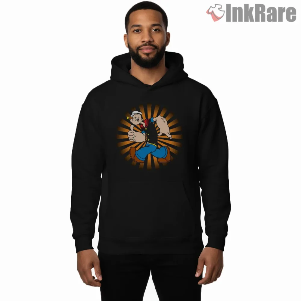 Popeye Golden Rays Thumbs Up Walk Shirt on black hoodie for men graphic tee
