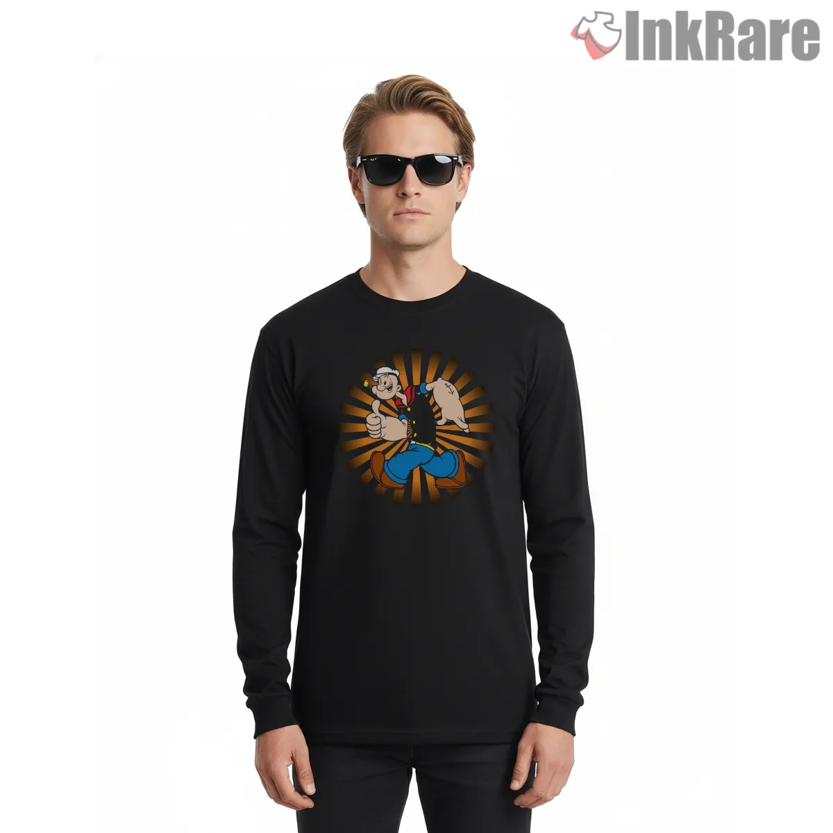 Popeye Golden Rays Thumbs Up Walk Shirt on black long sleeve shirt for men graphic tee