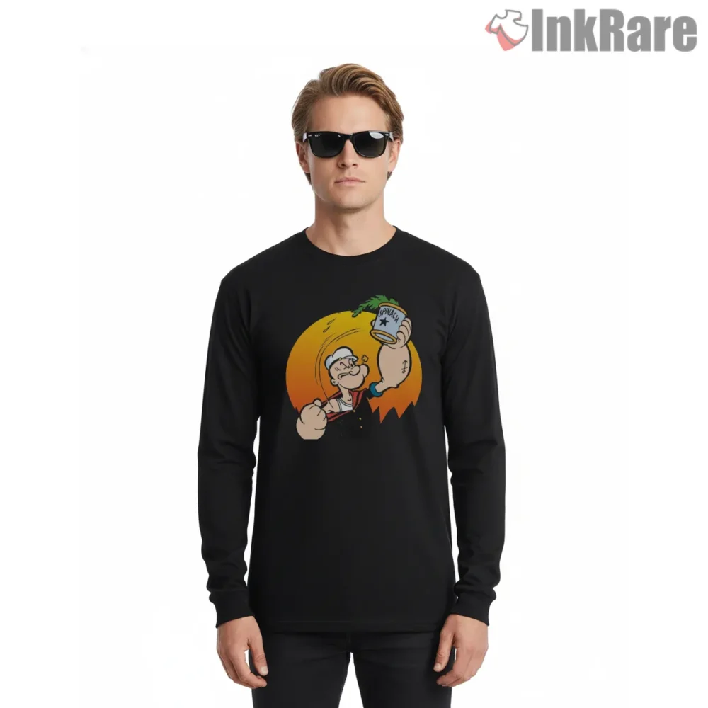 Popeye Golden Sunset Spinach Triumph Shirt on black long sleeve shirt for men graphic tee
