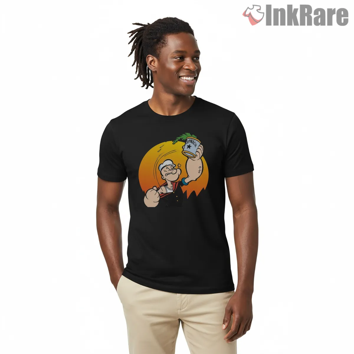 Popeye Golden Sunset Spinach Triumph Shirt on black short sleeve shirt for men graphic tee