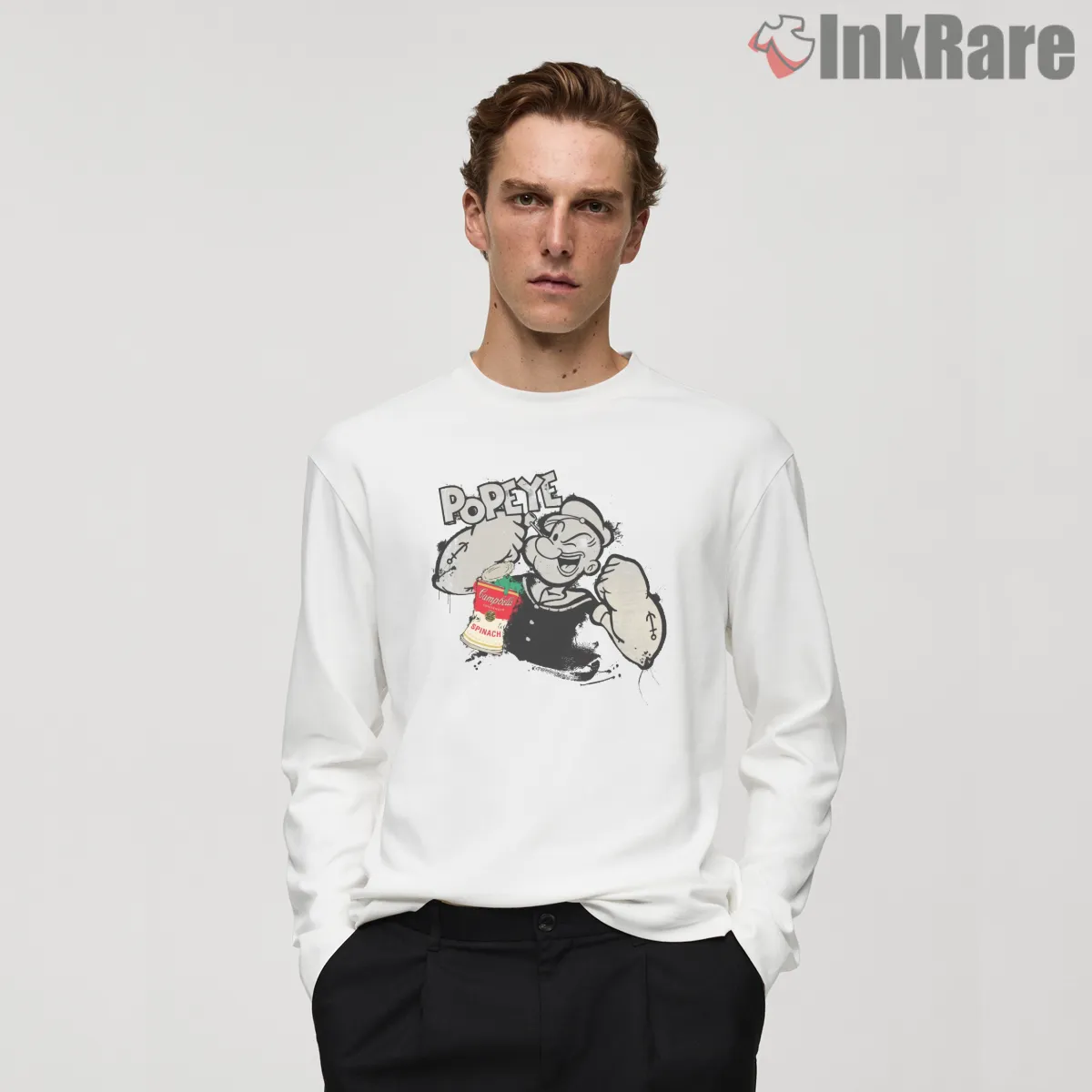 Popeye Graffiti Spinach Can Street Art Long Sleeve White Popeye Graffiti Spinach Can Street Art Shirt on white long sleeve shirt for men graphic tee