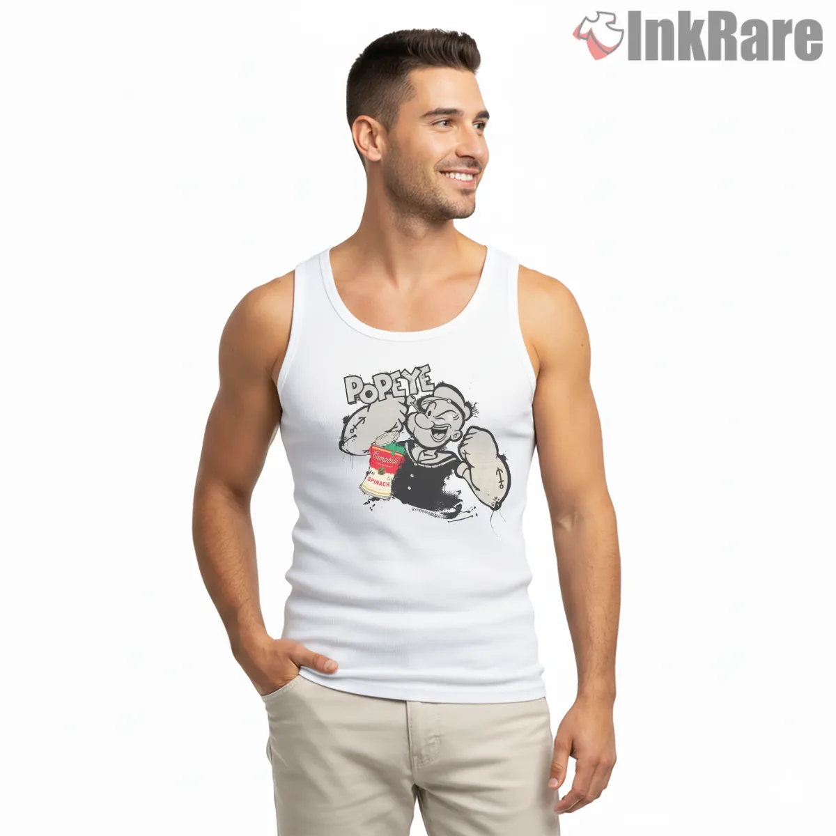 Popeye Graffiti Spinach Can Street Art Tank Top White Popeye Graffiti Spinach Can Street Art Shirt on white tank top for men graphic tee