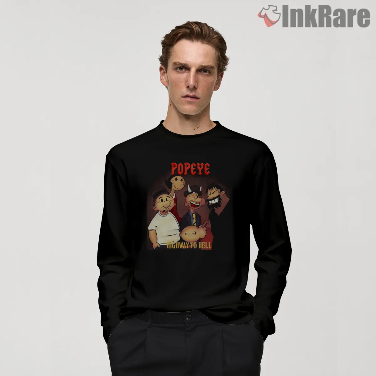 Popeye Highway To Hell Rock Poster Shirt on black long sleeve shirt for men graphic tee