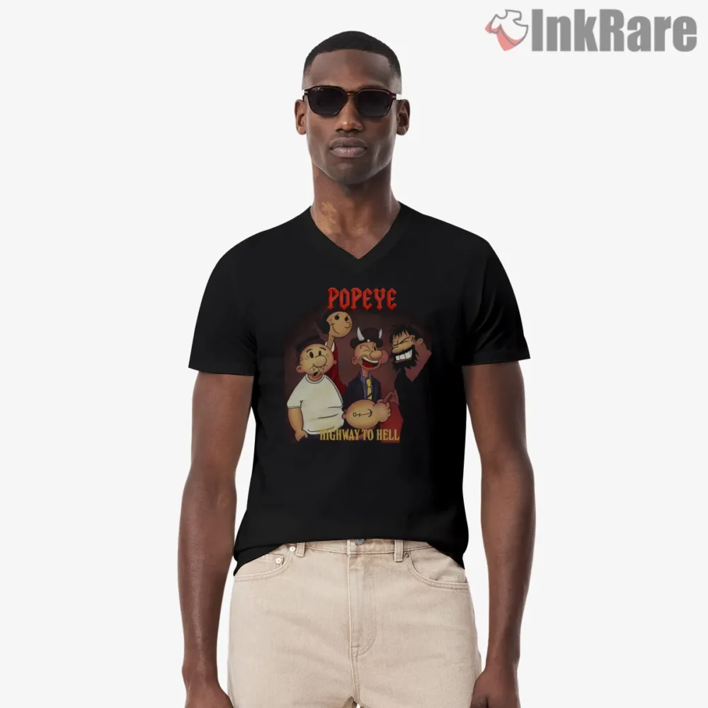 Popeye Highway To Hell Rock Poster Shirt on black v-neck shirt for men graphic tee