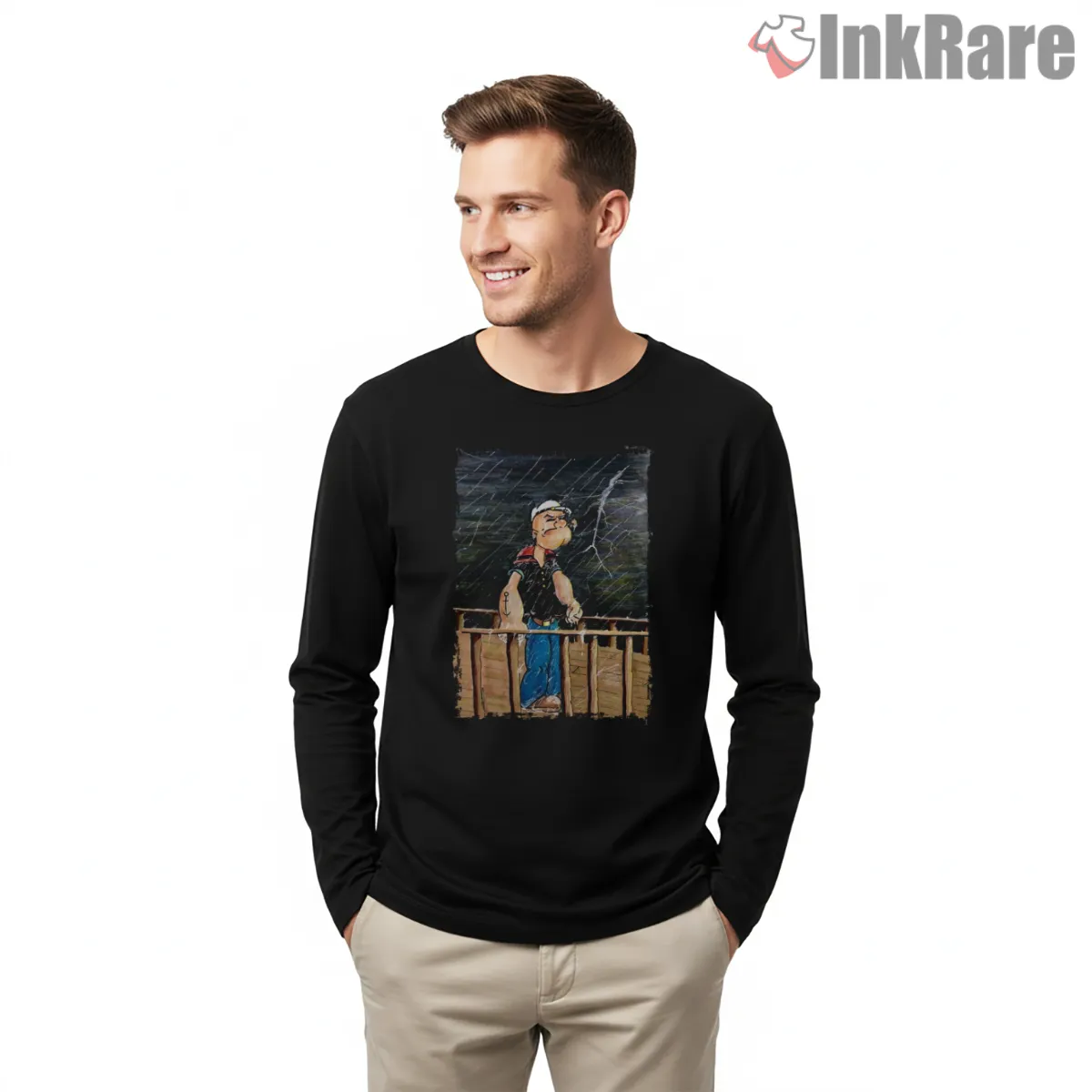 Popeye I Am What I Am Dock Scene Shirt on black long sleeve shirt for men graphic tee