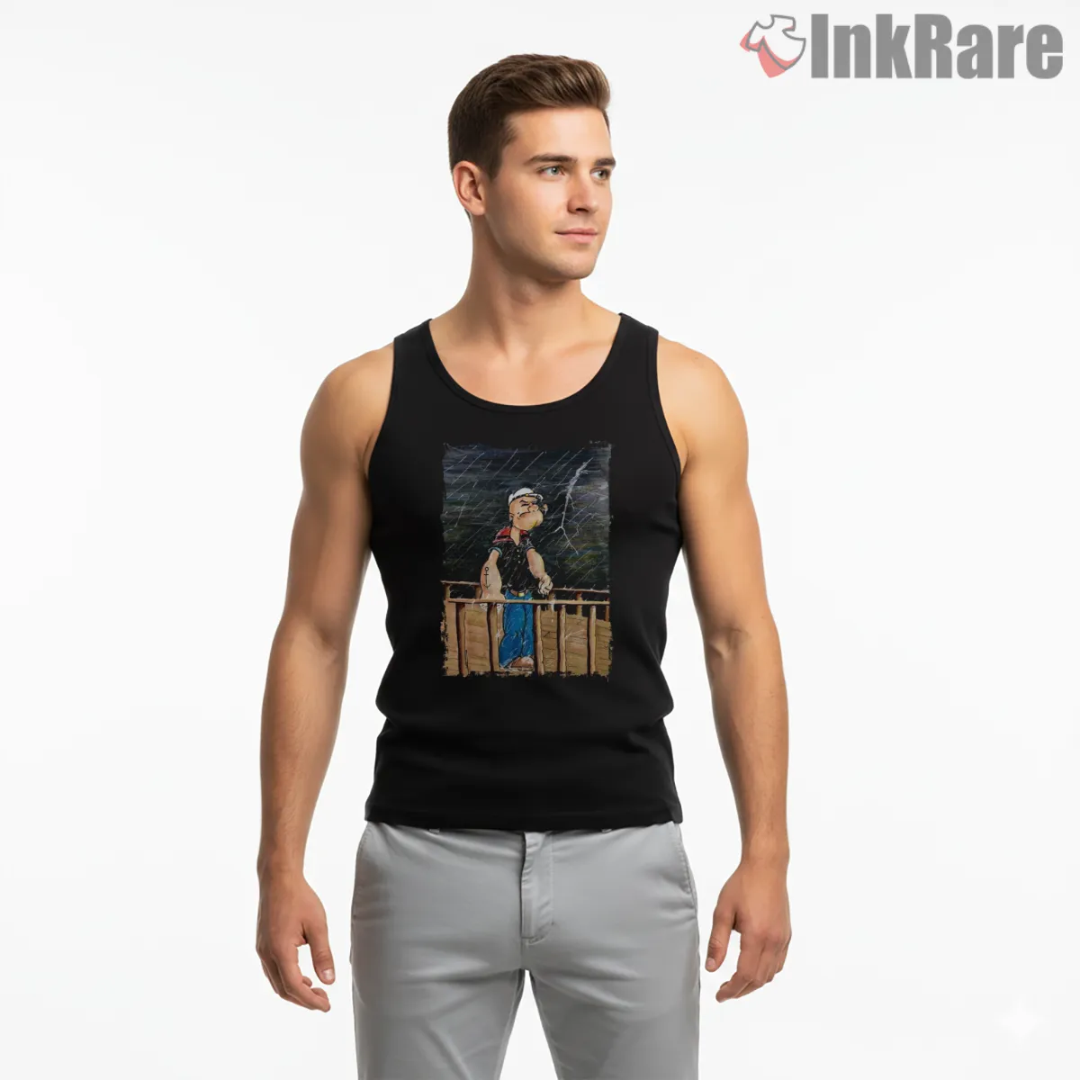 Popeye I Am What I Am Dock Scene Tank Top Black Popeye I Am What I Am Dock Scene Shirt on black tank top for men graphic tee