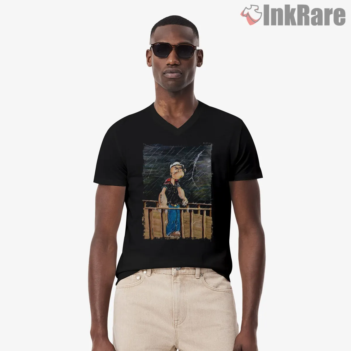 Popeye I Am What I Am Dock Scene V Neck Black Popeye I Am What I Am Dock Scene Shirt on black v-neck shirt for men graphic tee