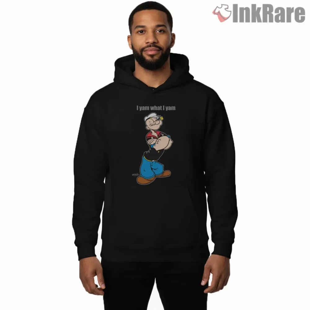 Popeye I Yam What I Yam Attitude Shirt on black hoodie for men graphic tee