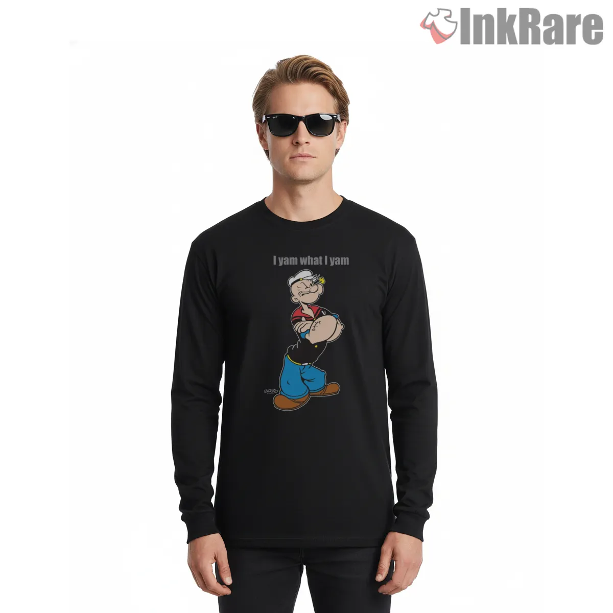 Popeye I Yam What I Yam Attitude Shirt on black long sleeve shirt for men graphic tee