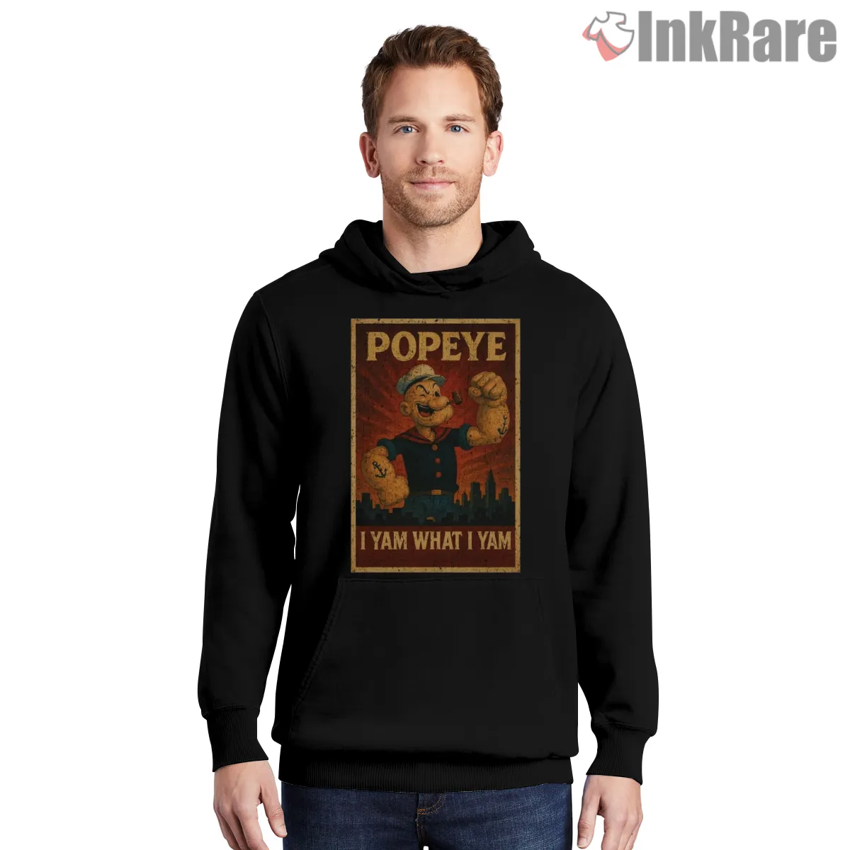 Popeye I Yam What I Yam Retro Poster Shirt on black hoodie for men graphic tee
