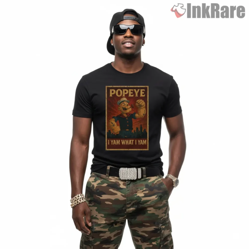 Popeye I Yam What I Yam Retro Poster Shirt on black short sleeve shirt for men graphic tee
