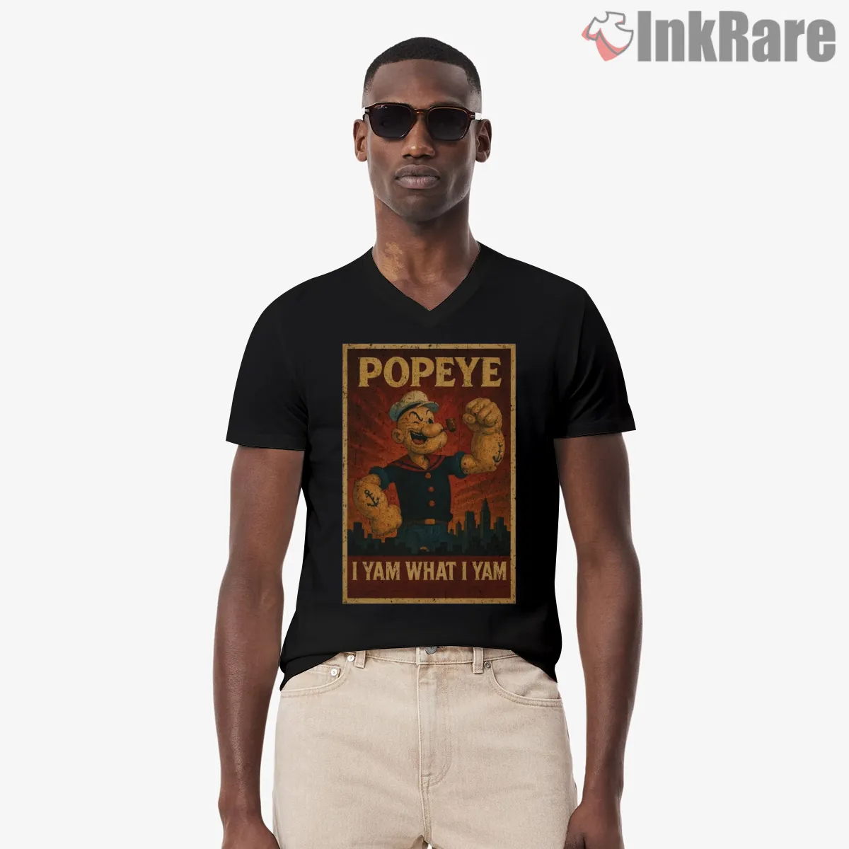 Popeye I Yam What I Yam Retro Poster V Neck Black Popeye I Yam What I Yam Retro Poster Shirt on black v-neck shirt for men graphic tee