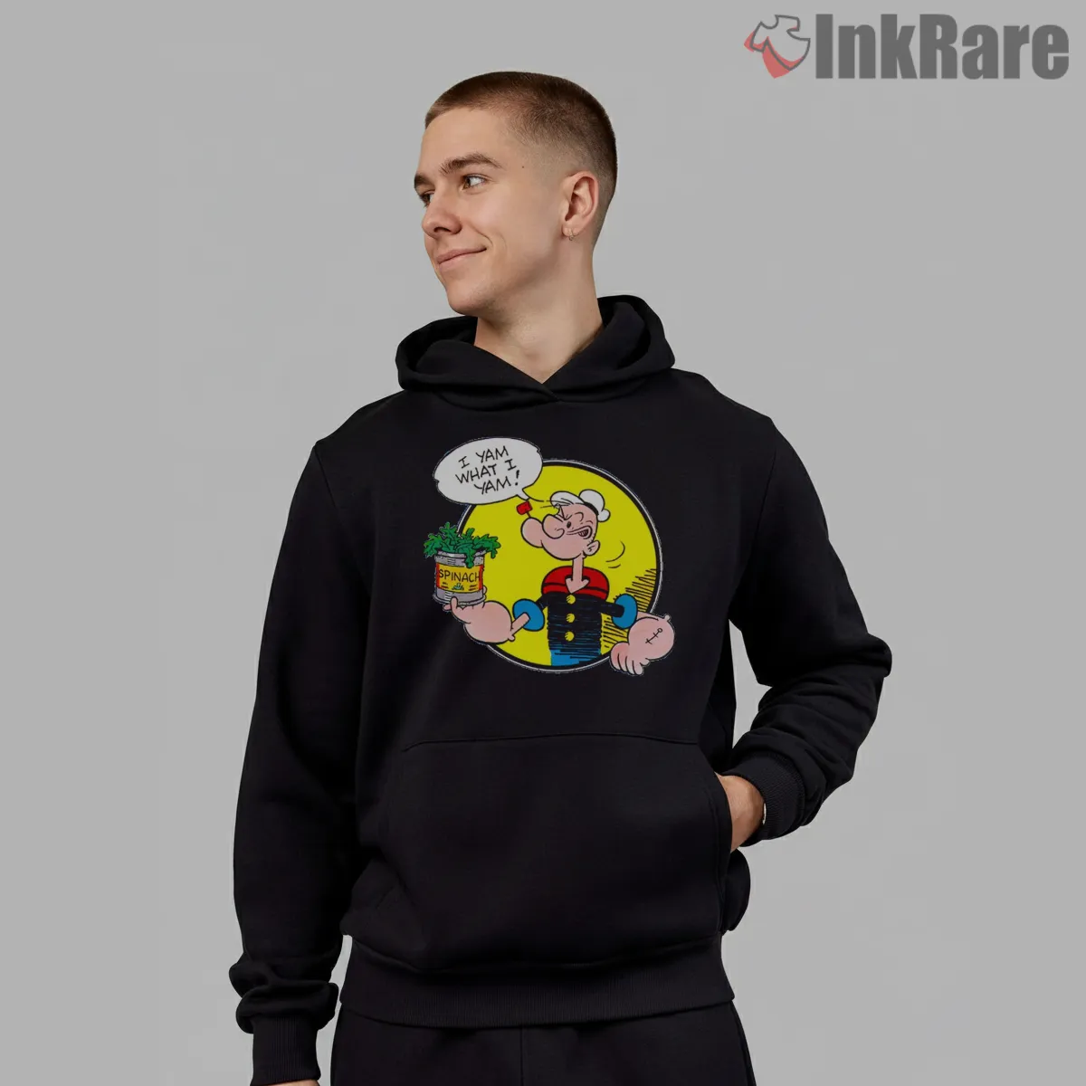Popeye I Yam What I Yam Spinach Burst Shirt on black hoodie for men graphic tee