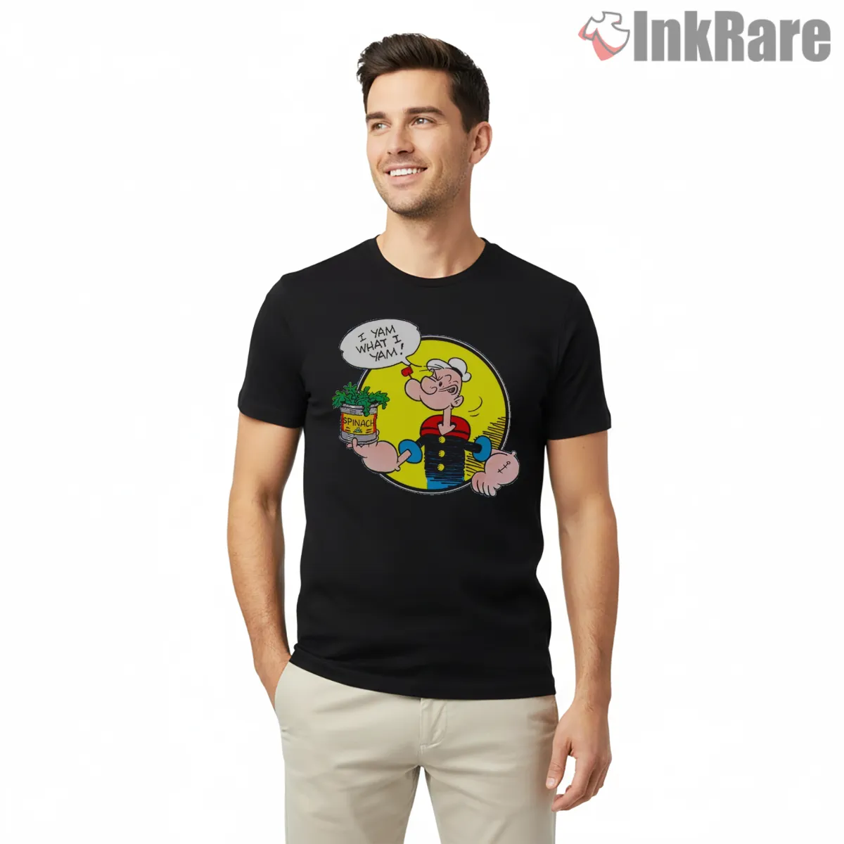 Popeye I Yam What I Yam Spinach Burst Short Sleeve Black Popeye I Yam What I Yam Spinach Burst Shirt on black short sleeve shirt for men graphic tee