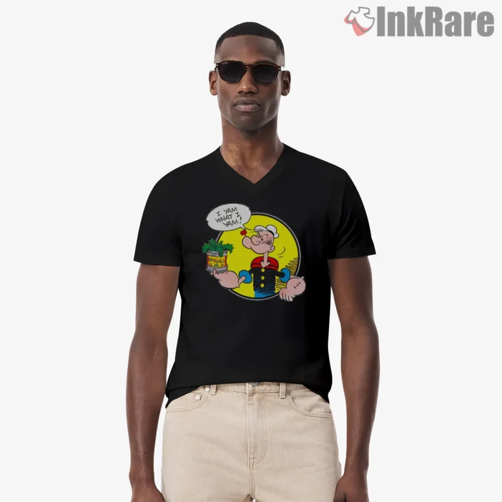 Popeye I Yam What I Yam Spinach Burst Shirt on black v-neck shirt for men graphic tee