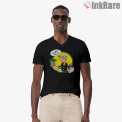 Popeye I Yam What I Yam Spinach Burst Shirt on black v-neck shirt for men graphic tee