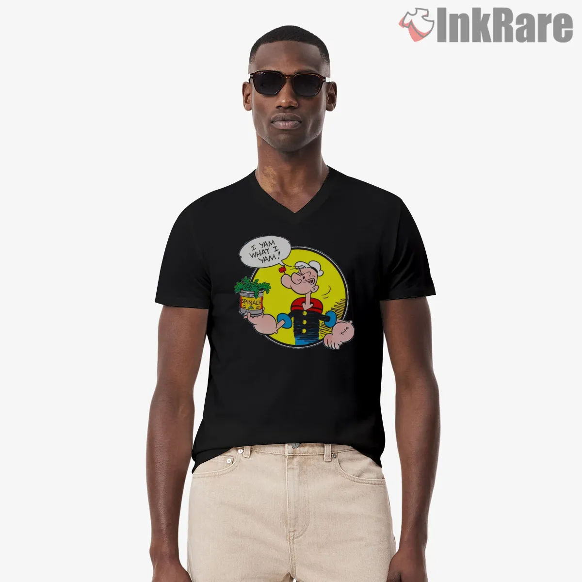 Popeye I Yam What I Yam Spinach Burst V Neck Black Popeye I Yam What I Yam Spinach Burst Shirt on black v-neck shirt for men graphic tee