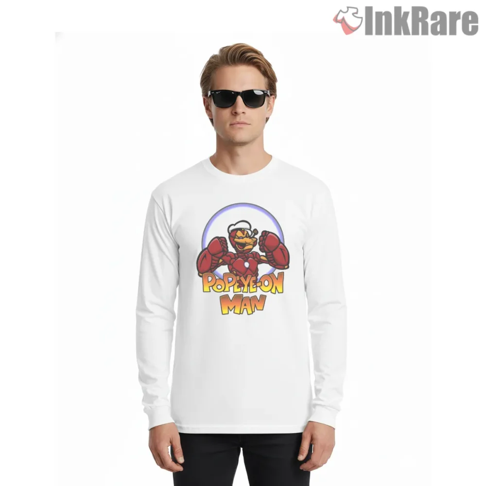 Popeye Iron Hero Armor Parody Shirt on white long sleeve shirt for men graphic tee