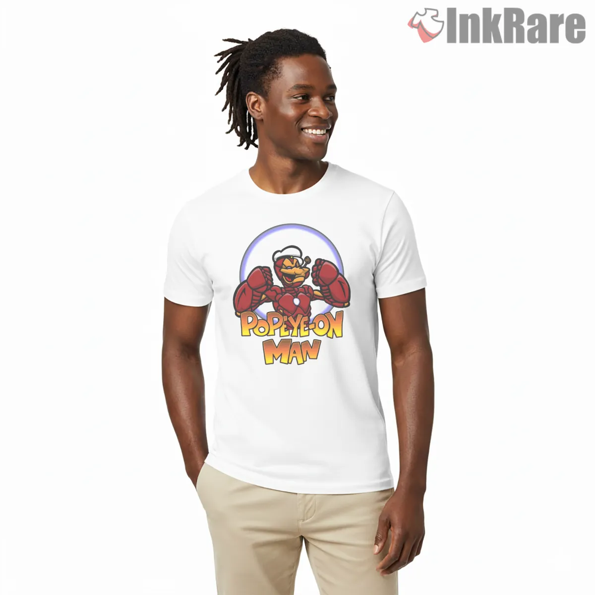 Popeye Iron Hero Armor Parody Shirt on white short sleeve shirt for men graphic tee