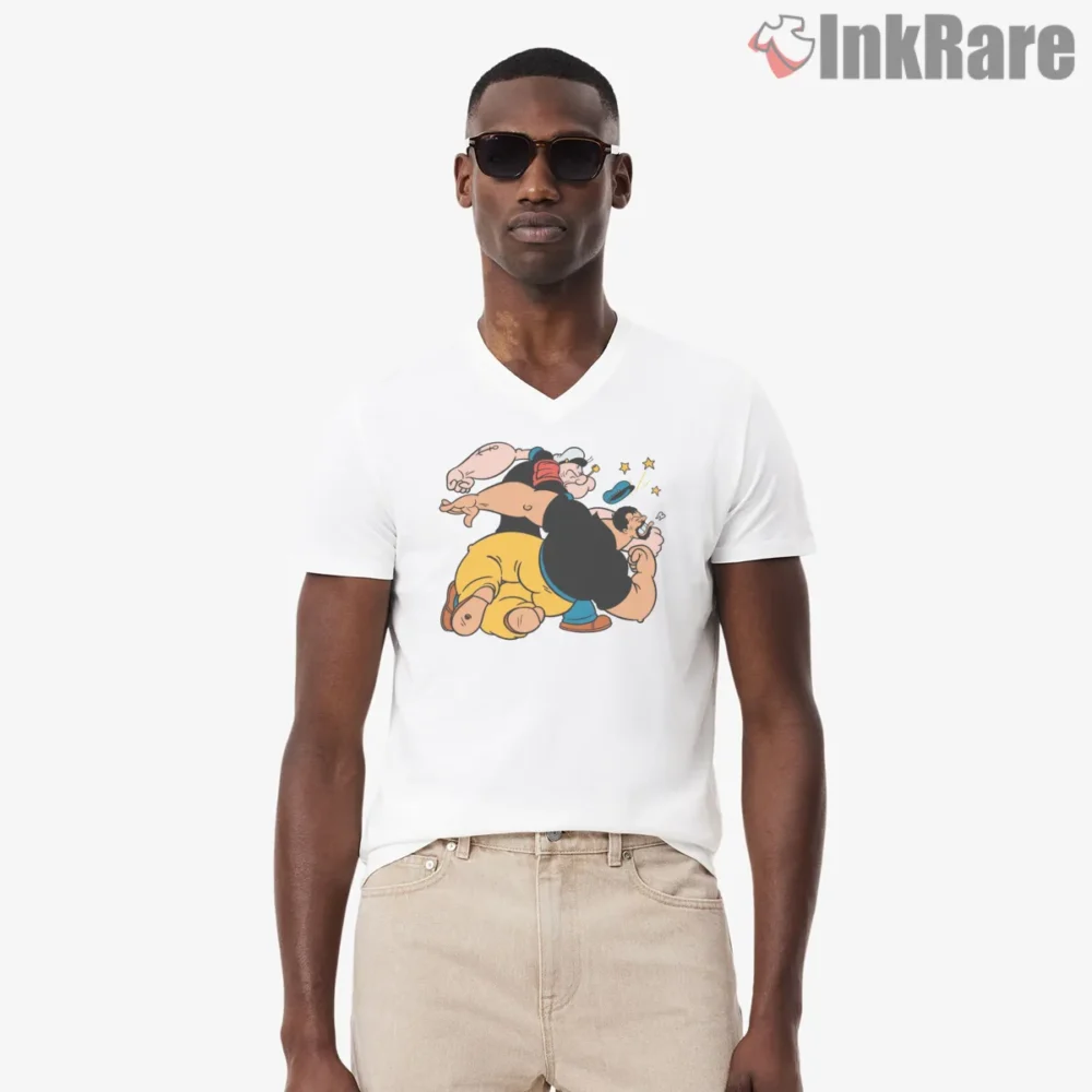 Popeye Knockout Punch Bluto Fight Shirt on white v-neck shirt for men graphic tee
