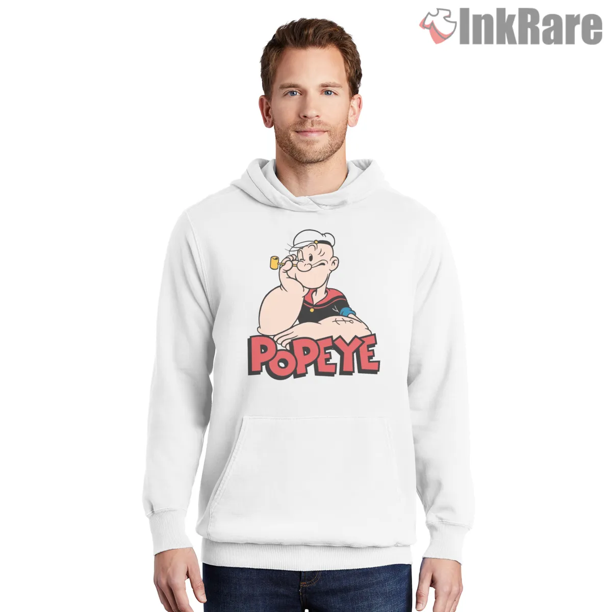 Popeye Leaning Classic Logo Shirt on white hoodie for men graphic tee
