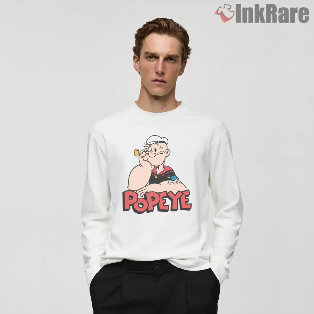 Popeye Leaning Classic Logo Shirt on white long sleeve shirt for men graphic tee