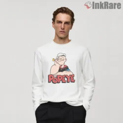 Popeye Leaning Classic Logo Shirt on white long sleeve shirt for men graphic tee