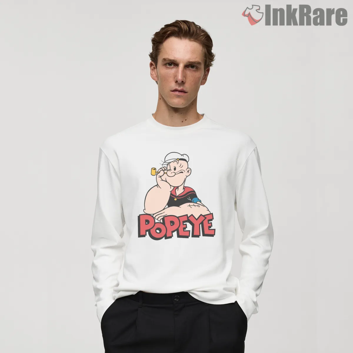 Popeye Leaning Classic Logo Long Sleeve White Popeye Leaning Classic Logo Shirt on white long sleeve shirt for men graphic tee
