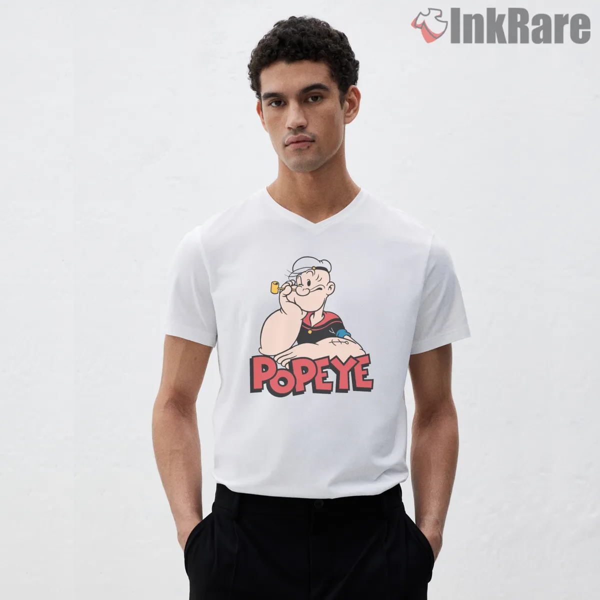 Popeye Leaning Classic Logo V Neck White Popeye Leaning Classic Logo Shirt on white v-neck shirt for men graphic tee