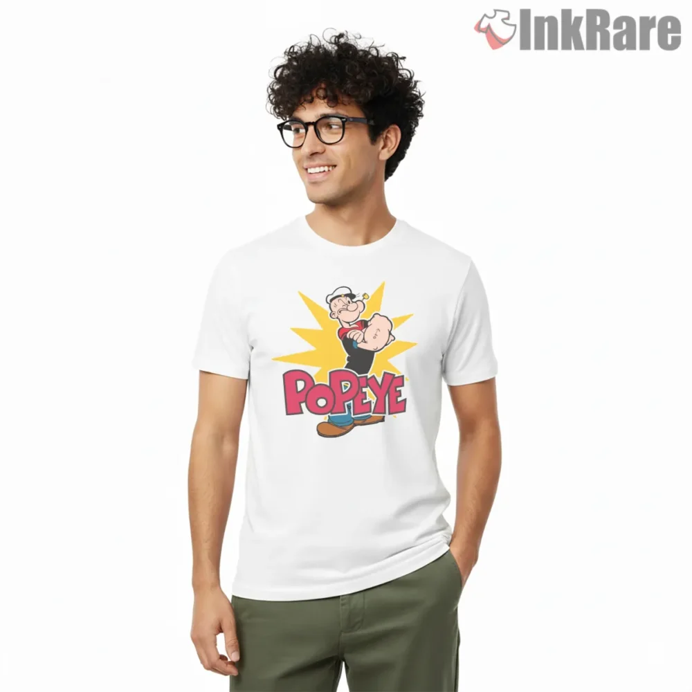 Popeye Logo Yellow Burst Retro Shirt on white short sleeve shirt for men graphic tee