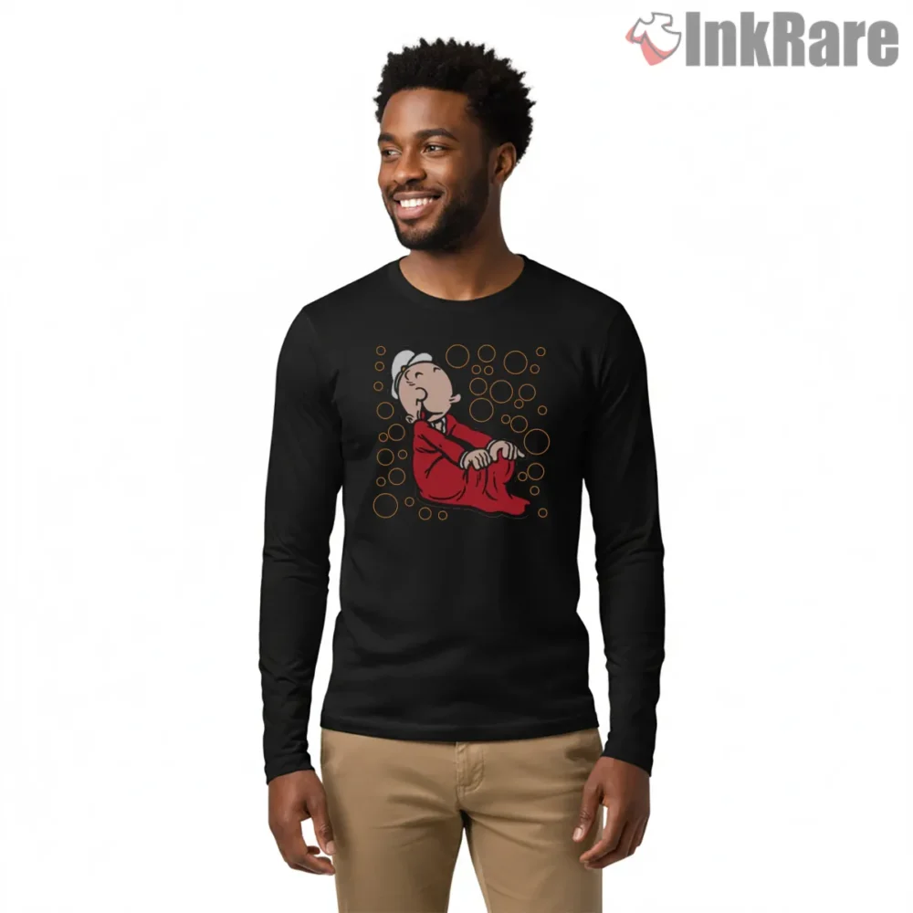 Popeye Lounge Pose Retro Bubble Pattern Shirt on black long sleeve shirt for men graphic tee