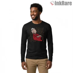Popeye Lounge Pose Retro Bubble Pattern Shirt on black long sleeve shirt for men graphic tee