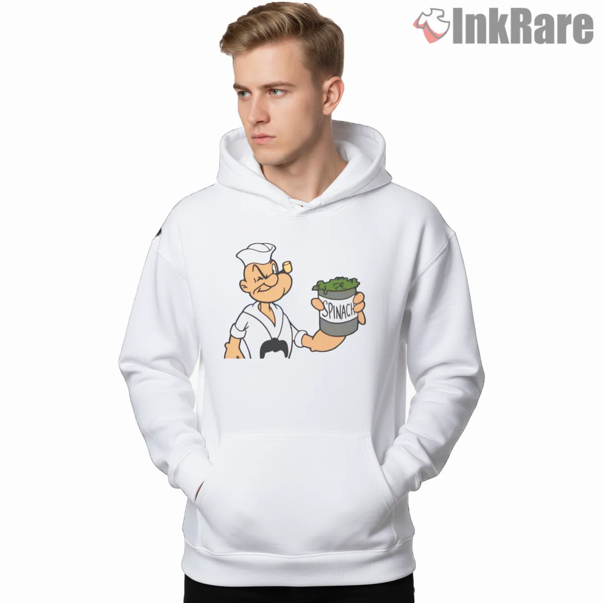 Popeye Minimal Spinach Can Illustration Shirt on white hoodie for men graphic tee