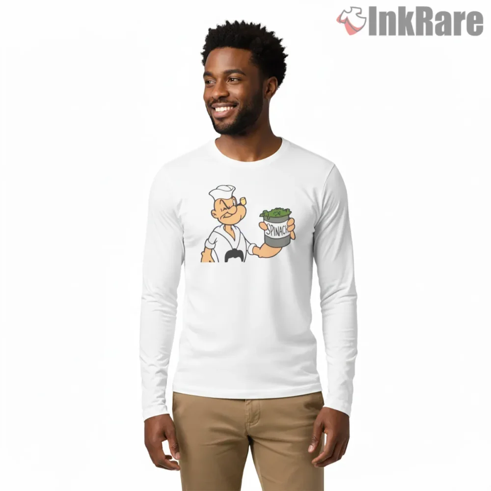 Popeye Minimal Spinach Can Illustration Shirt on white long sleeve shirt for men graphic tee