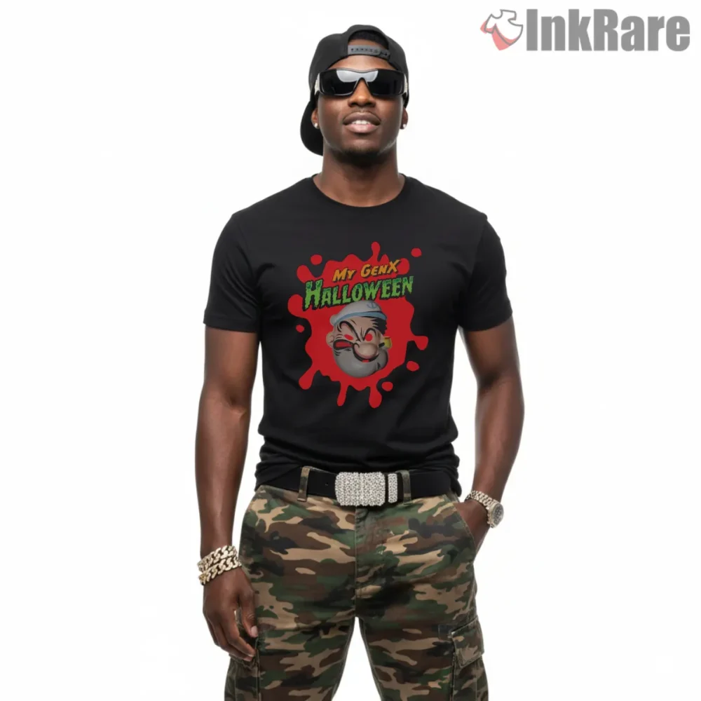 Popeye My Gen X Halloween Mask Shirt on black short sleeve shirt for men graphic tee