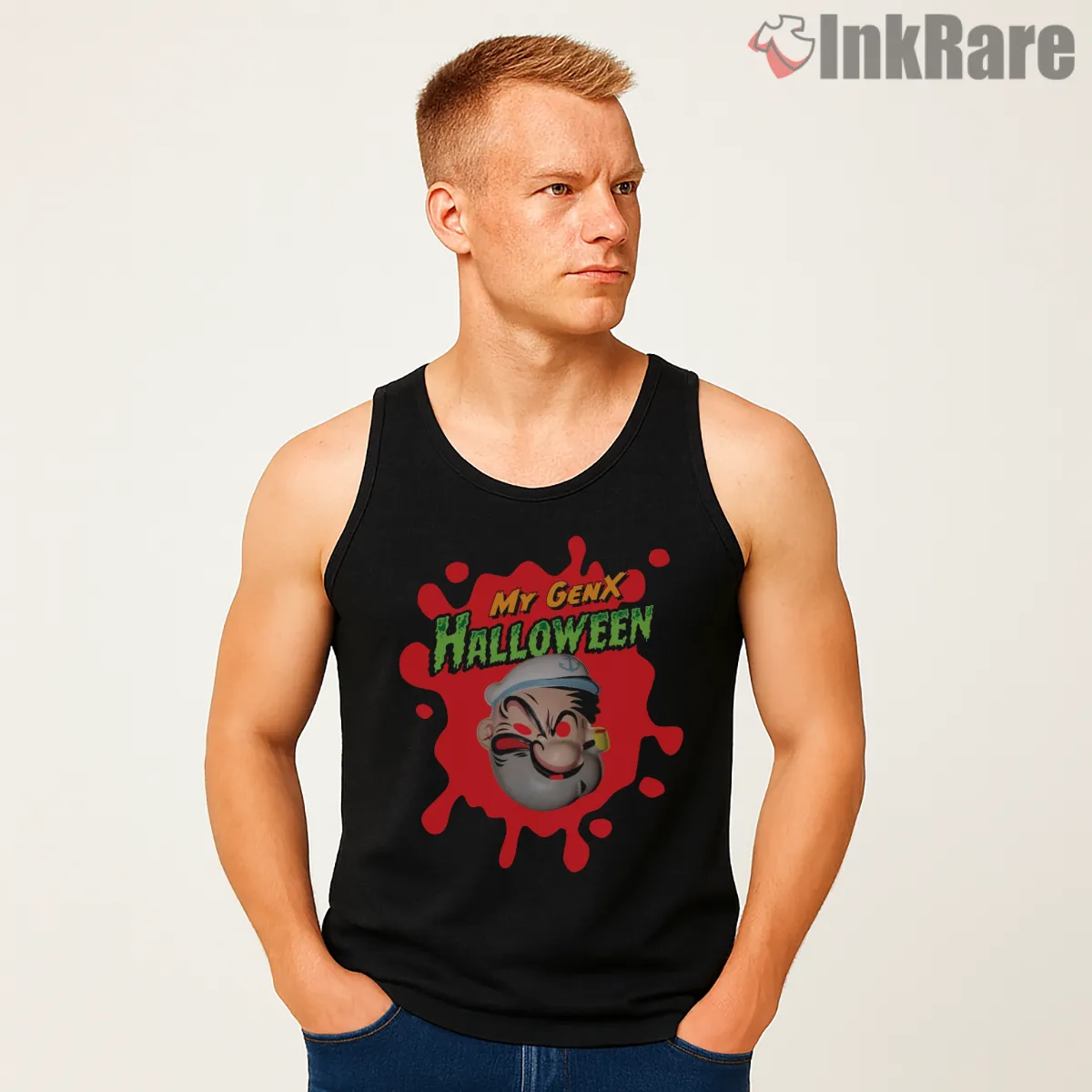 Popeye My Gen X Halloween Mask Tank Top Black Popeye My Gen X Halloween Mask Shirt on black tank top for men graphic tee