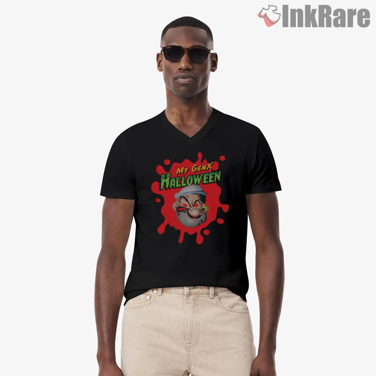 Popeye My Gen X Halloween Mask V Neck Black Popeye My Gen X Halloween Mask Shirt on black v-neck shirt for men graphic tee