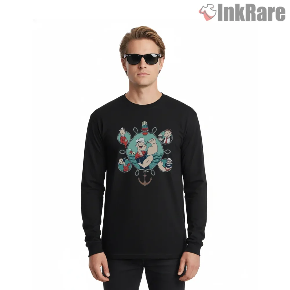 Popeye Nautical Portrait Circles Anchor Shirt on black long sleeve shirt for men graphic tee